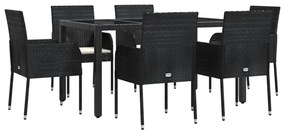 7 pcs conjunto de jantar p/ jardim c/ almofadões vime PE preto