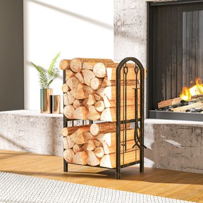 Porta-Lenha Metálico de 2 Níveis com 4 Ferramentas para Lareira e Ganchos 43x30x74 cm Castanho Escuro