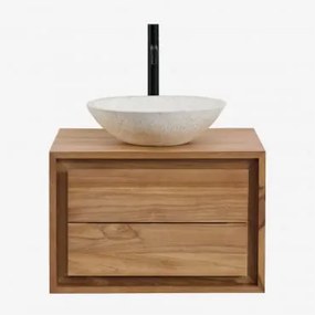 Conjunto De Móvel De Casa De Banho Em Madeira De Teca Jabari Madeira De Teca & Cimento Redondo Branco Ø40 Cm Zavion & Sem Espelho & Preto - Sklum