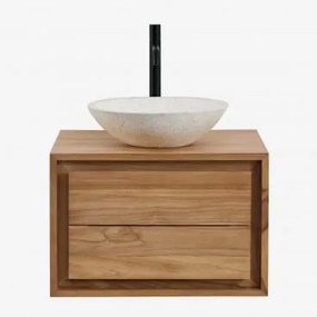 Conjunto De Móvel De Casa De Banho Suspenso Em Madeira De Teca Jabari Madeira De Teca & Cimento Redondo Branco Ø40 Cm Zavion & Sem Espelho - Sklum