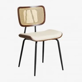 Cadeira De Jantar Em Madeira, Rattan E Pele Sintética Raysa Madeira Escura & Couro Sintético Branco - Sklum