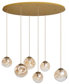 Candeeiro suspenso Art Deco latão com placa de teto oval e vidro âmbar 6 luzes - Douglass Art Deco