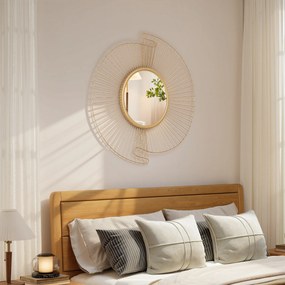 Espelho decorativo redondo de 60 cm com fixação de 360°, decoração de parede moderna em metal com detalhes plissados, dourado