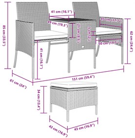 Sofá de jardim de 2 lugares com mesa e bancos vime PE preto