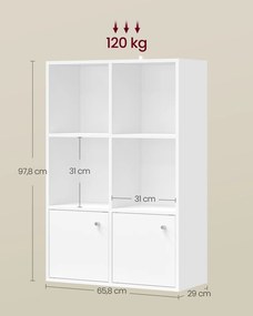 Estante aberta com 3 níveis e 2 compartimentos com portas, 29 × 65,8 × 97,8 cm, branca