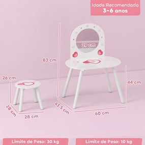 Toucador Infantil com Banco e Espelho para Meninas com Desenhos de Corações para Crianças de 3-6 Anos Branca