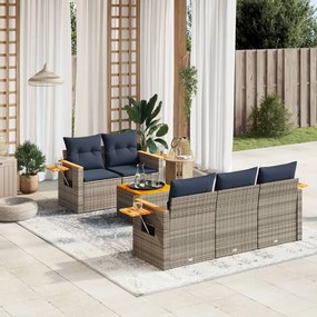 6 pcs conjunto sofás p/ jardim c/ almofadões vime PE cinzento
