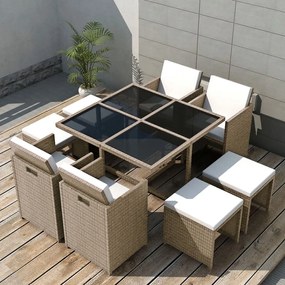 vidaXL 9 pcs conjunto jantar exterior com almofadões vime PE bege