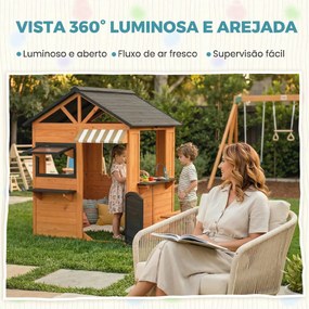 Casa Infantil em Madeira Casinha de Brincar com Cozinha de Brinquedo e Banco de Piquenique Casa de Jardim para Crianças de 3-8 Anos Castanho
