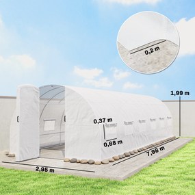 Estufa tipo túnel de 24 m²,  295 x 798 x 199 cm estufa de jardim tipo túnel com portas e 12 janelas com redes mosquiteiras, branca