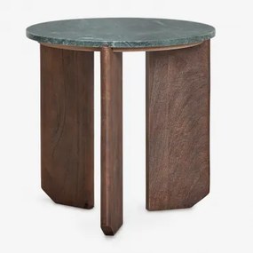 Round Coffee Table In Natural Stone And Mango Wood Lavinia Mármore Verde Udaipur & Madeira De Cabo Escuro & Ø50 Cm - Sklum