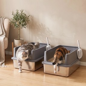 Conjunto de 2 Caixas de Areia XL em Aço Inoxidável com Bordo Alto e 2 Pás para Gatos Grandes e Vários Gatos Cinza Escuro
