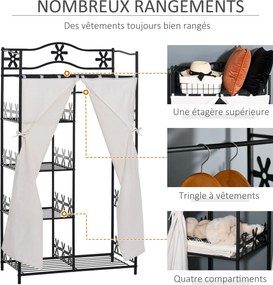 Guarda Roupa para adultos, roupeiro, guarda-roupa, vestidor, com várias opções de arrumação, 5 prateleiras, 84 x 42 x 159 cm, metal preto, 2 cortinas