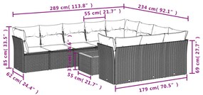 11 pcs conjunto sofás de jardim c/ almofadões vime PE cinzento