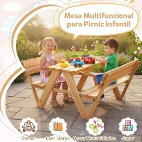 Mesa de piquenique para crianças com mesa e cadeira para atividades ao ar livre com 2 bancos incorporados natural