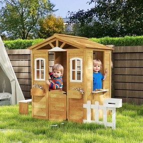 Casa de Madeira para Crianças com Caixa de Correios Banco e Floreira 205x119x140 cm Madeira e Branco