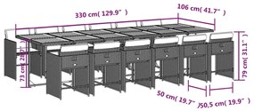 13 pcs conjunto jantar p/ jardim c/ almofadões vime PE cinzento