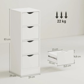 Móvel de casa de banho 29 x 29 x 83 cm, móvel de arrumação com 4 gavetas e puxadores embutidos, branco