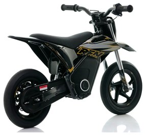 Mini moto eléctrica velocidade até 13 Km/h C/Limitador RFN Warrior Kids SX-E150 150W 12/12” Supermotard Preto e Dourada