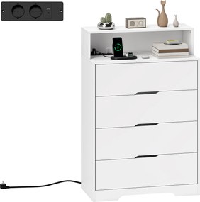 Cómoda com 4 Gavetas 80x40x120 cm e Estação de Carregamento com Porta USB Porta USB-C Prateleira Aberta 80x40x120 cm Branco