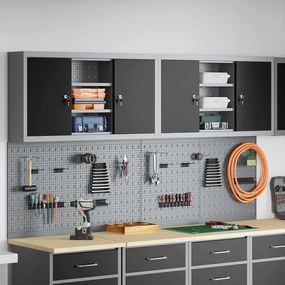 Conjunto de Armário e Painel de Ferramentas VidaXL com 4 Peças Montado na Parede em Metal Preto