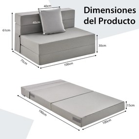 Sofá-cama de 3 seções com colchão dobrável de espuma de alta densidade com travesseiro capa lavável com fecho Cinzento