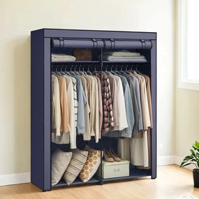 Guarda-roupa em tecido com 2 varões para cabides, 140 x 43 x 174 cm Azul escuro