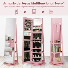 Armário joias giratório 360° com luzes LED Espelho de corpo inteiro Prateleiras de armazenamento 54,5 x 161 cm Rosa