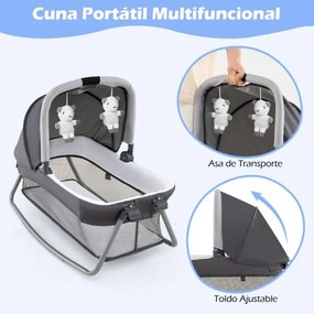 Berço com Centro de atividades 5 em 1 para bebés, parque e mesa para trocar fraldas. Inclui brinquedos suspensos, caixa de música, rodas e cesto. Pret