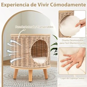 Casa para gatos de interior com estrutura em rattan respirável, pés em madeira de borracha, parte superior em MDF e almofada removível bege