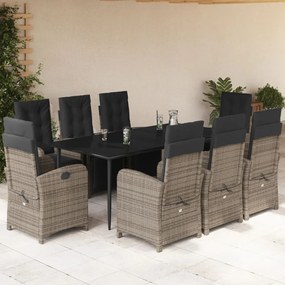 9 pcs conjunto de jantar p/ jardim c/ almofadões vime PE cinza