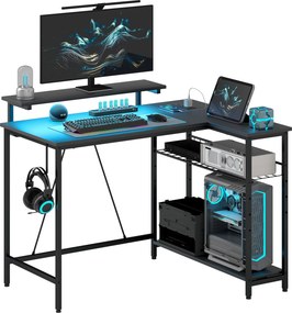 Secretária de canto reversível, secretária para computador com LED, 2 tomadas e 2 portas USB e cesto ajustável, 107 x 80 x 90 cm, preto