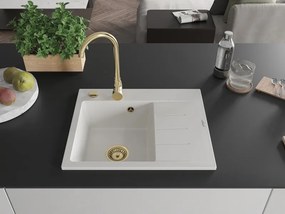 Mexen Ben lava-loiça de granito de 1 cuba com escorredor, esquerdo 600 x 500 mm, branco, sifão dourado - 6522605000-20-G