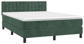 Cama box spring c/ colchão/LED 140x200 cm veludo verde-escuro