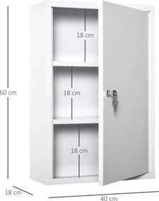 Armário Farmácia de Parede com 3 Prateleiras de Armazenamento e Fechadura com 2 Chaves 40x18x60cm Branco