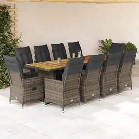 vidaXL 11 pcs conjunto bistrô de jardim c/ almofadões vime PE cinzento
