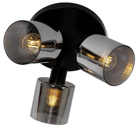 Candeeiro de teto spot preto com vidro fumê redondo 3-luzes ajustável - Laura