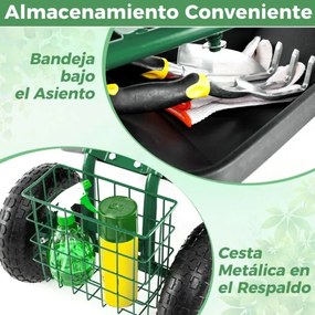 Banco para jardinagem 55,2 x 43 x 31 cm com rodas e alça extensível Assento ajustável 2 bandejas para ferramentas e 4 rodas de borracha Verde