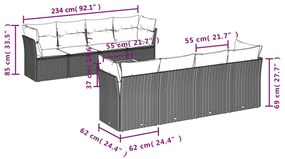 9 pcs conjunto de sofás p/ jardim com almofadões vime PE bege