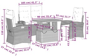 4 pcs conjunto de jantar p/ jardim c/ almofadões vime PE cinza