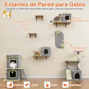 Conjunto de móveis para gatos 3 em 1 com prateleiras de parede modulares com cama e arranhador cinza