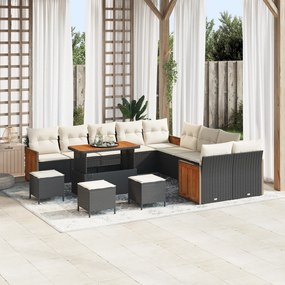 Conjunto de Sofá de Jardim vidaXL 14 peças com Almofadas Preto Vime Sintético Acácia