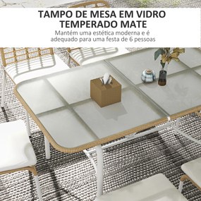 Conjunto de Jardim de Vime Sintético Jogo de 7 Peças Inclui 6 Cadeiras Empilháveis com Almofadas e Mesa de Vidro Natural