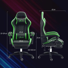 Cadeira Gaming Reclinável até 135° com Suporte Lombar Altura Ajustável Almofada de Cabeça e Apoio para os Pés Retrátil 65x65x121-129 cm Preto e Verde