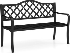 Banco de jardim em metal 54 x 128 x 89 cm com ripas para 2-3 pessoas com braços curvos Assento para varanda Piscina Preto