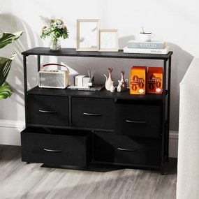 Cômoda para quarto com 5 gavetas 100 × 30 × 80 cm com 2 prateleiras abertas de madeira e estrutura metálica resistente preto