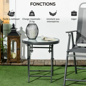 Mesa de jardim dobrável Ø45 x 50 cm, mesa auxiliar dobrável, tampo em vidro temperado com efeito mármore, estrutura redonda em metal, , cinzento escur