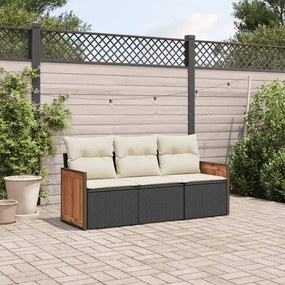 3 pcs conjunto sofás de jardim com almofadões vime PE preto