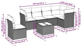 7 pcs conjunto sofás p/ jardim c/ almofadões vime PE cinzento