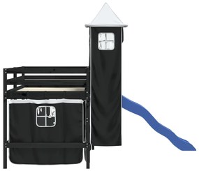 Cama alta criança c/ torre 80x200 cm pinho maciço branco/preto